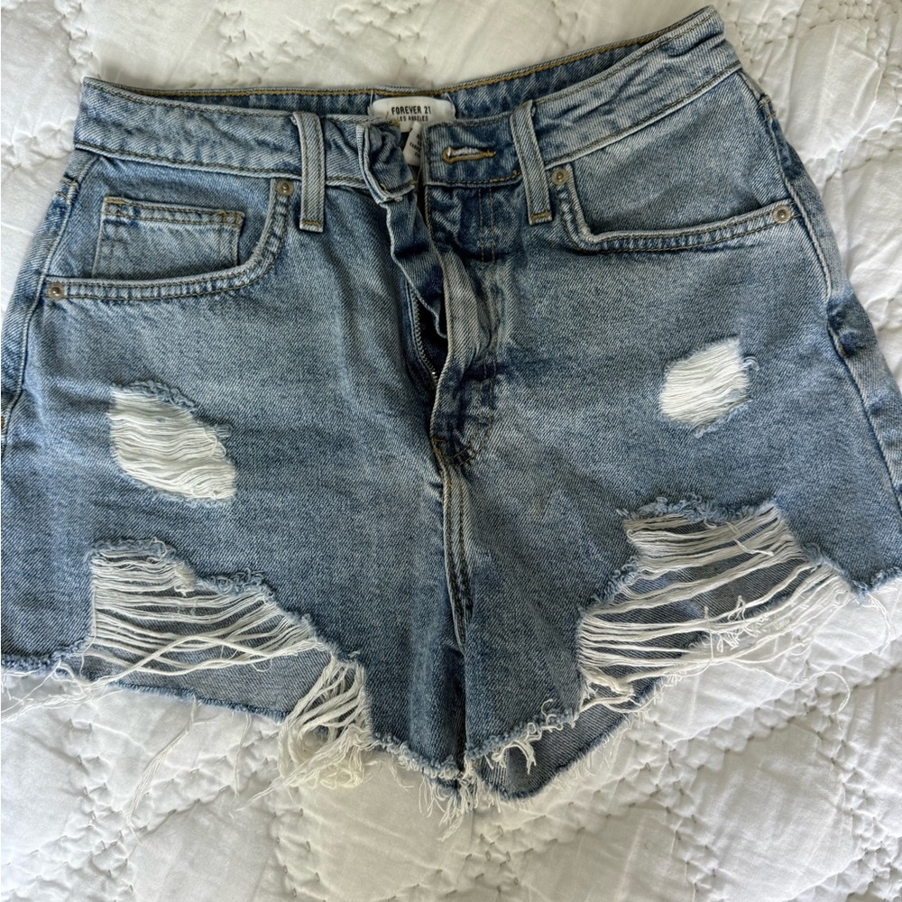 Forever 21 Women's Ripped Jean Shorts - Light Blue
